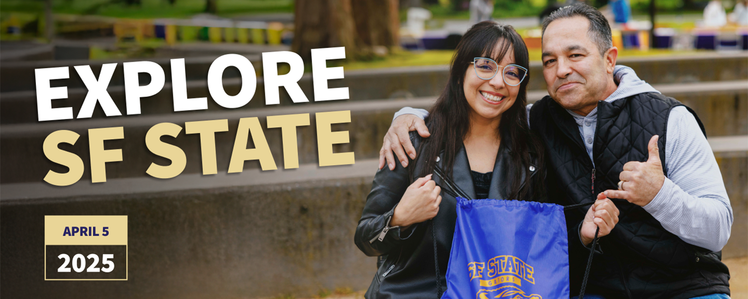 Explore SF State, April 5. Student holding SFSU bag next to parent at event.