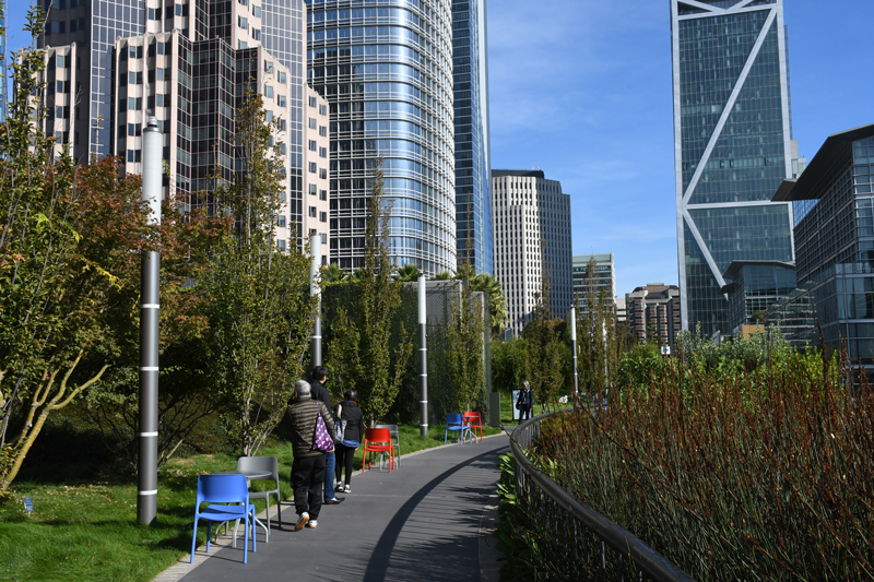 Path in Salesforce Transit Center roof garden. View with skyscrapers