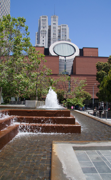 View of SF Moma fountain and steps entrance