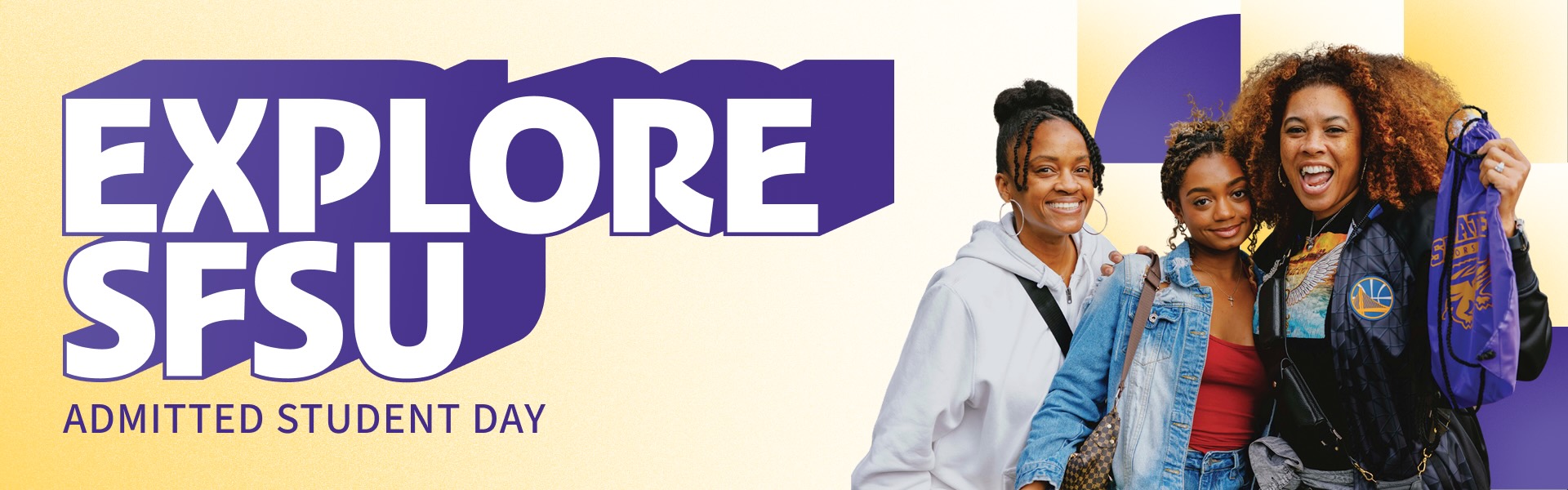 Explore SFSU with three students, one holding an SFSU swag bag