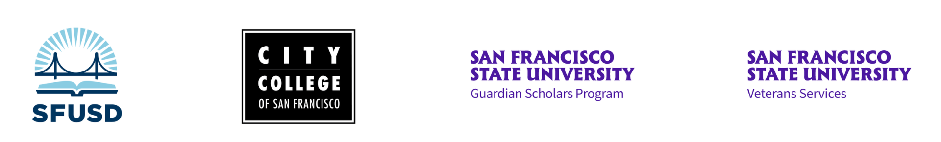 SFUSC, City College, SFSU Guardians Scholars and SFSU Veteran Services logos