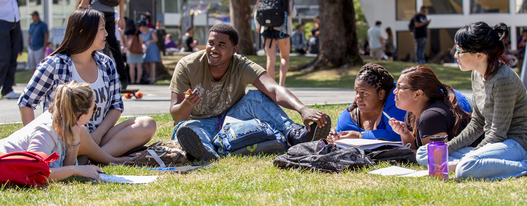 SF State students sitting in the grass together