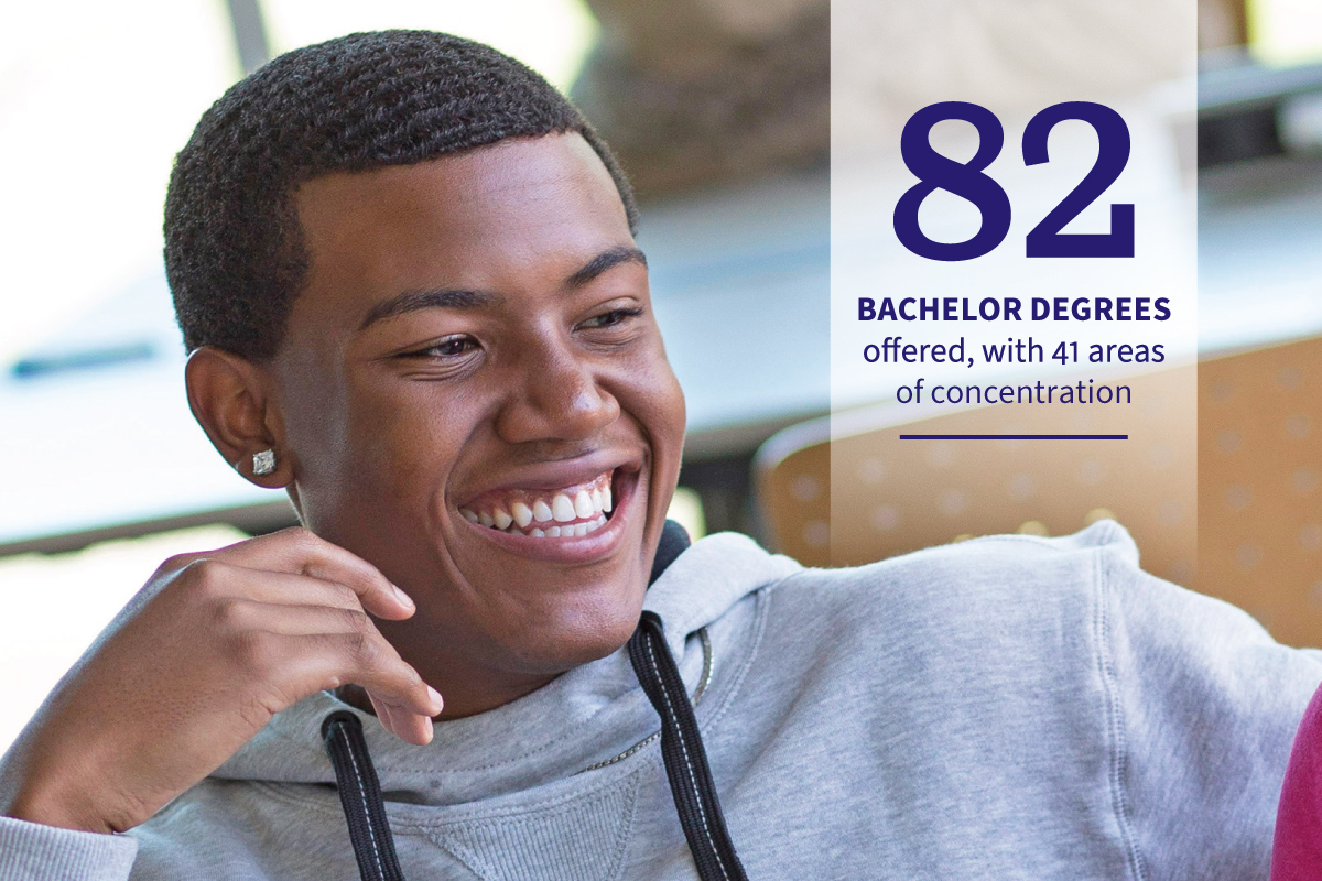 a smiling student with the text "82 bachelor degrees offered"