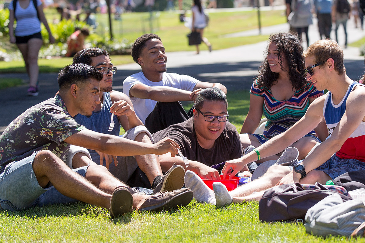 students sitting on the lawn and socializing