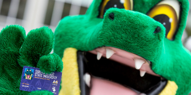 Green Gator Mascot holding an ID card