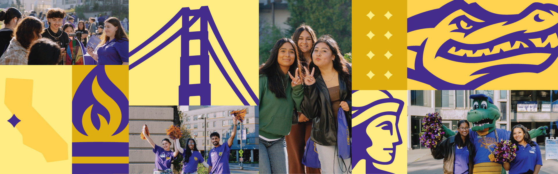 Yellow collage banner featuring students from sfsu and iconic sf landmarks as icons like the golden gate bridge
