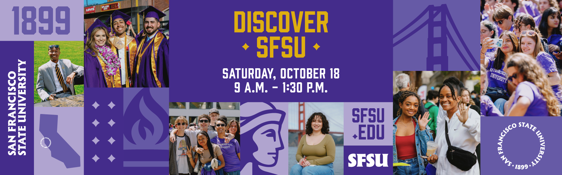 Collage of students and SFSU logos for a ornamental hero with 1899 sfsu.edu and Discover SFSU date and time